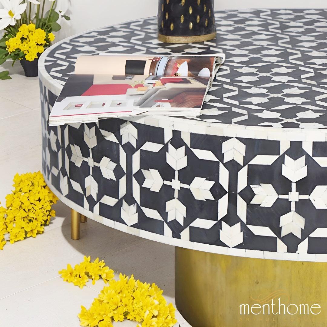 Black Coffee Table Bow Pattern Bone Inlay | Luxury Handmade Coffee Table