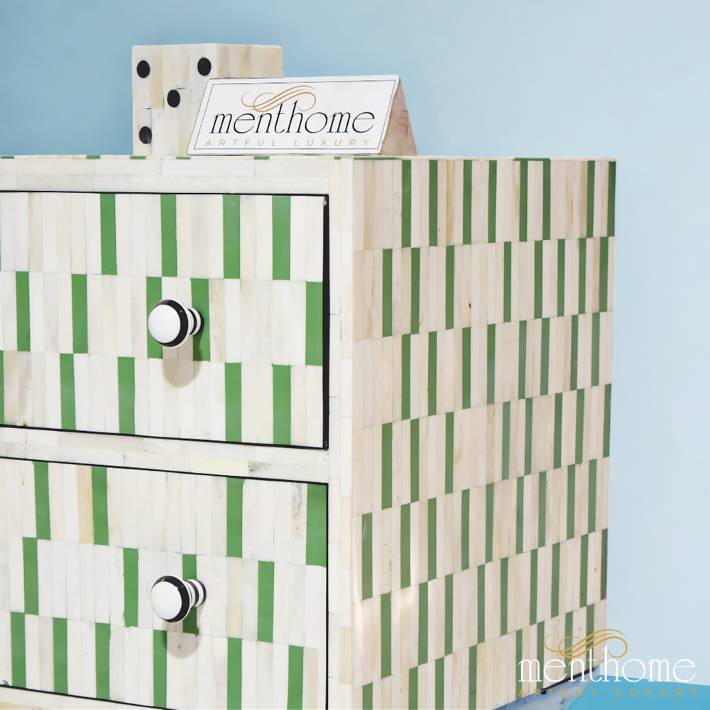 Uneven Pattern Bedside Table Green 2-drawers Bone Inlay | Luxury Handmade Bedside Table