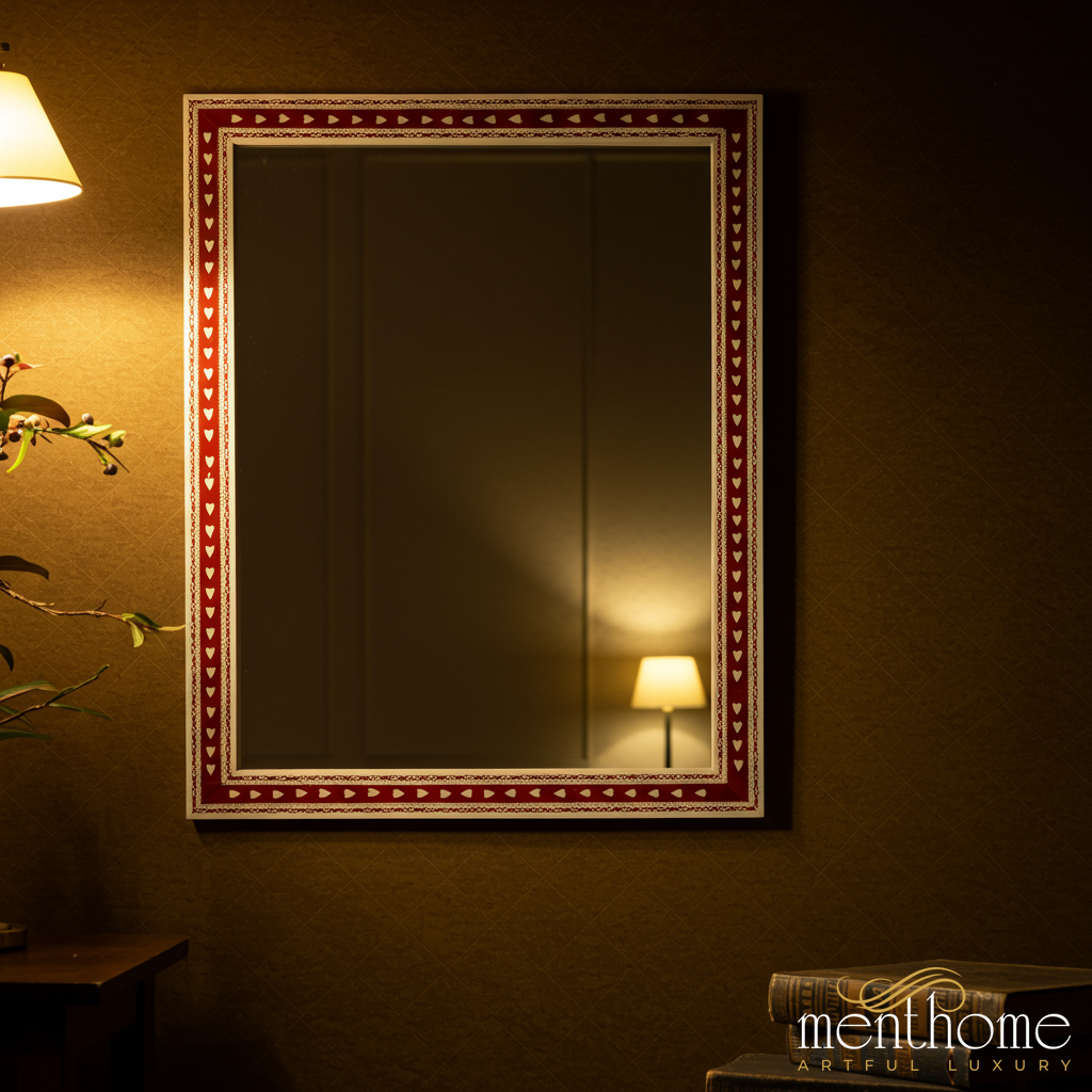 Decorative Wall Mirror with Red and White Patterned Frame | Luxury Handmade Mirror