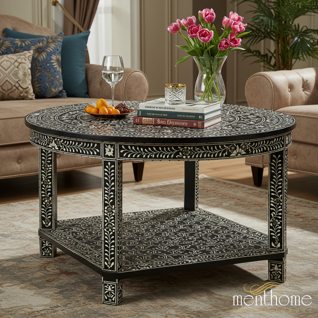 Handcrafted Black and White Bone Inlay Round Coffee Table | Luxury Handmade Coffee Table