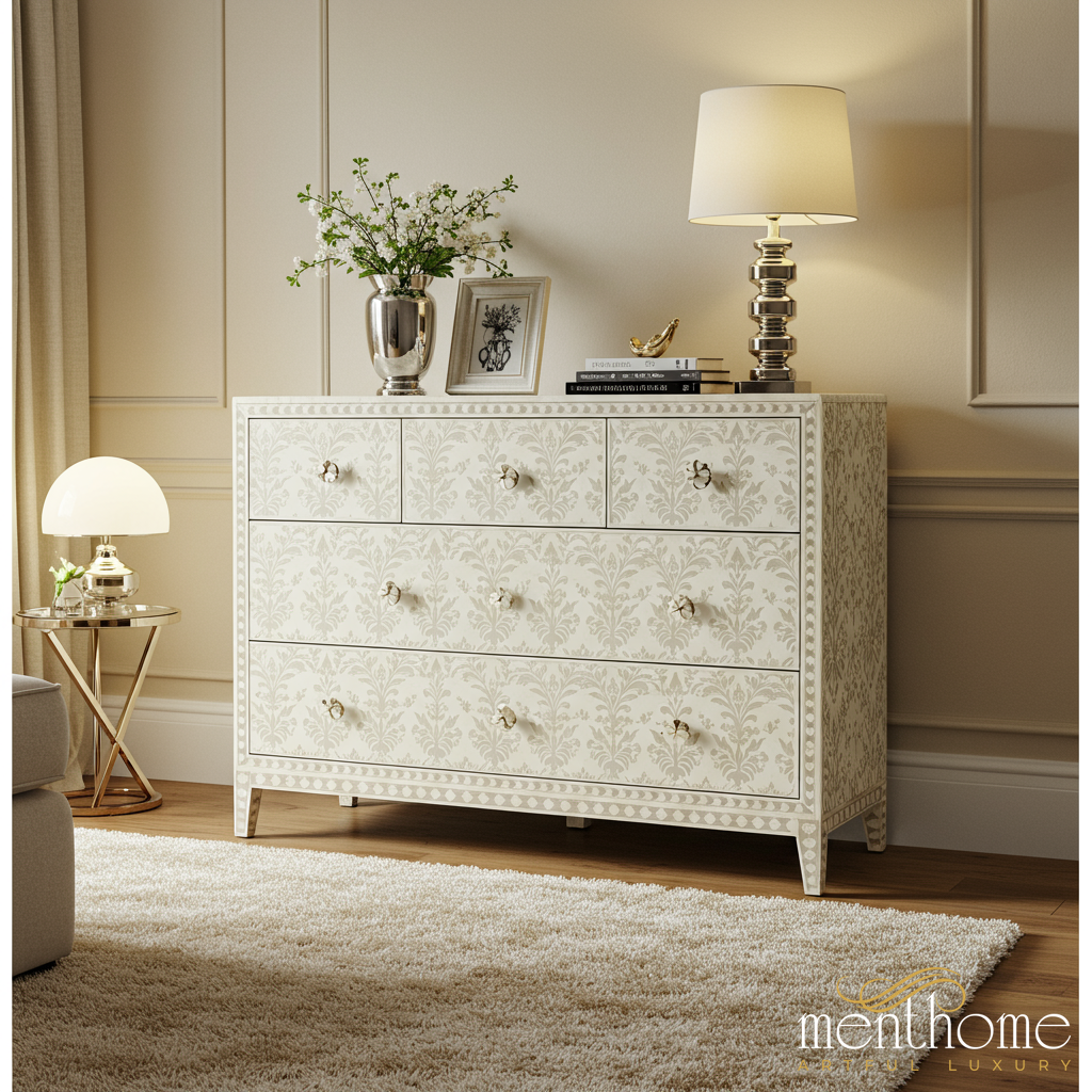 Elegant White Patterned Dresser with Brass Knobs | Luxury Handmade Dresser - M(60"Wx18"Dx30"H) / Bone-like Elegant White Patterned Dresser with Brass Knobs | Luxury Handmade Dresser - M(60"Wx18"Dx30"H) / Bone-like