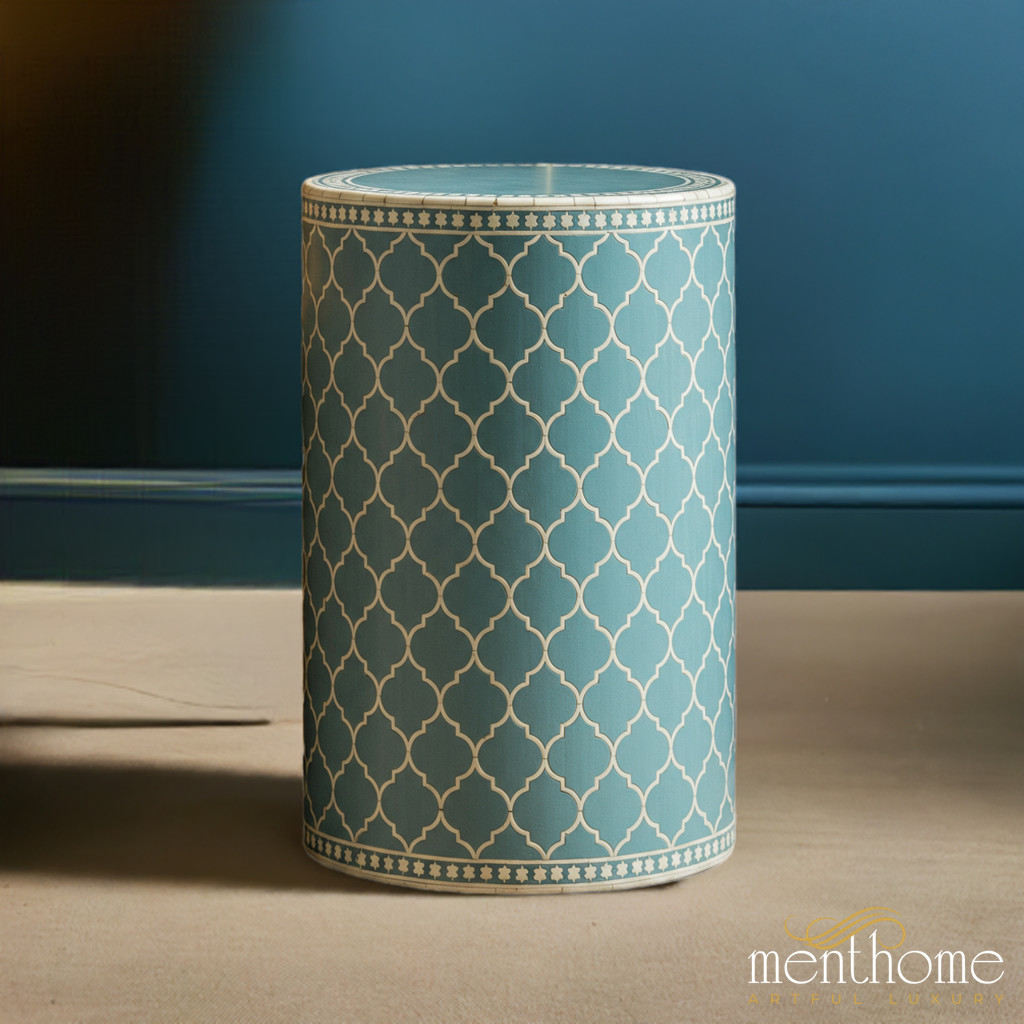 Aqua Trellis Drum Table | Luxury Handmade Side Table