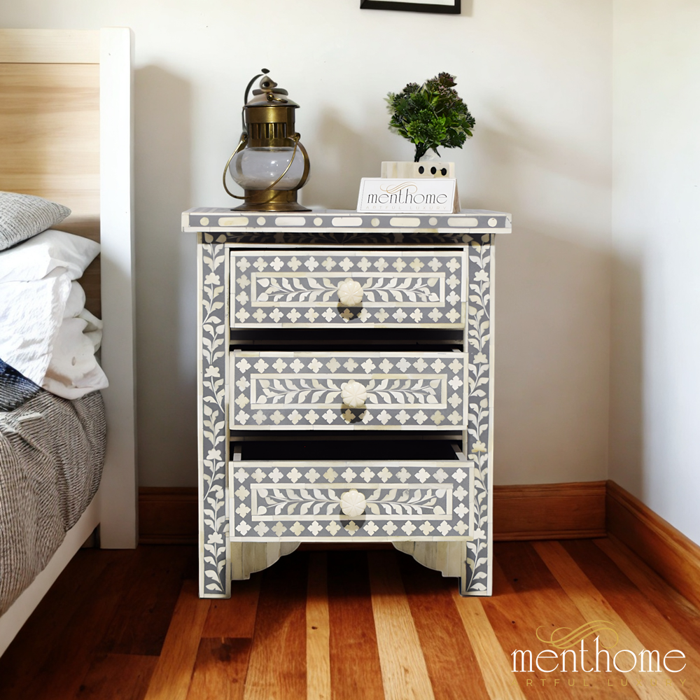 Grey Bedside Table adorned with a graceful Leaf Pattern | Luxury Handmade Bedside Table