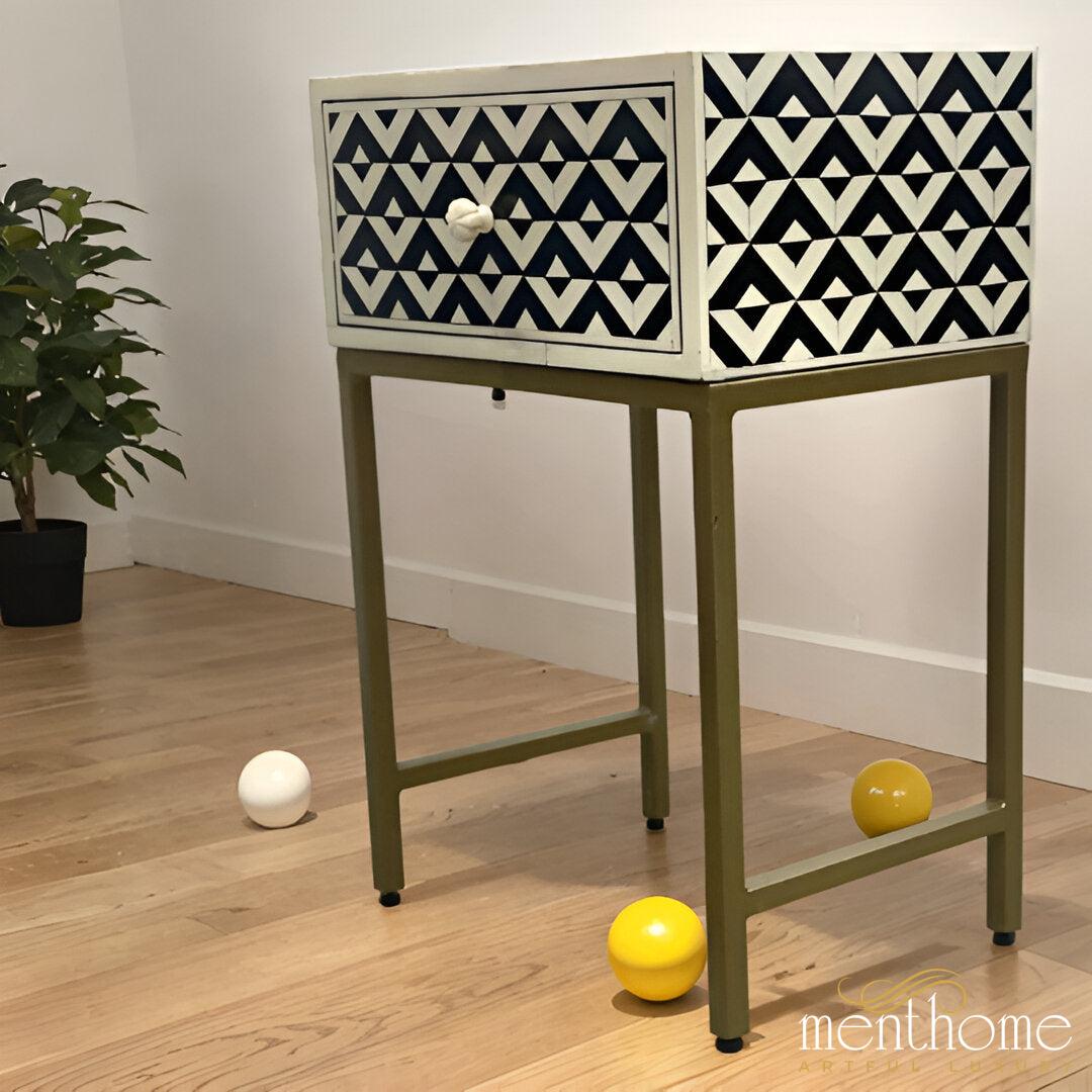 Monochrome Mirage — Artisanal Resin Zigzag One-Drawer Bedside Table with Brushed Brass Frame | Luxury Handmade Bedside Table