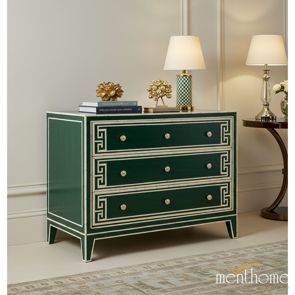 Green And White Three Drawer Chest Bone Inlay Furniture | Menthome USA Green And White Three Drawer Chest Bone Inlay Furniture | Menthome USA
