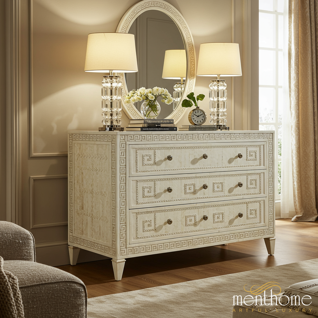 Elegant Greek Key Patterned Three-Drawer Dresser | Luxury Handmade Dresser - S(42"Wx18"Dx30"H) / Bone-like Elegant Greek Key Patterned Three-Drawer Dresser | Luxury Handmade Dresser - S(42"Wx18"Dx30"H) / Bone-like