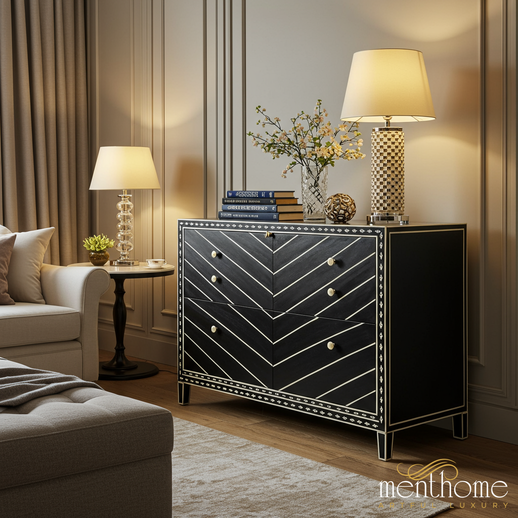 Elegant Black and White Inlaid Chest of Drawers | Luxury Handmade Dres Menthome USA Elegant Black and White Inlaid Chest of Drawers | Luxury Handmade Dres Menthome USA