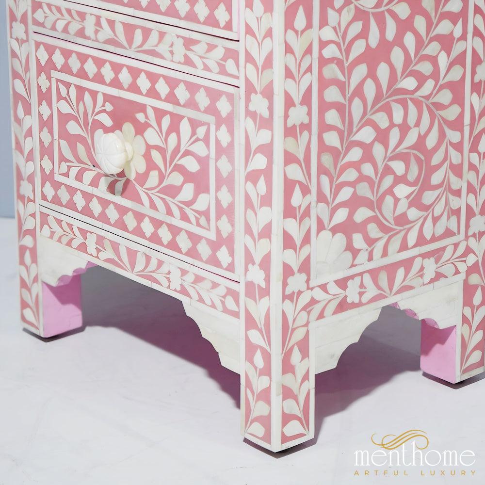 Dark Pink Bone Inlay Handmade Bedside Table with Two Drawers | Luxury Handmade Bedside Table