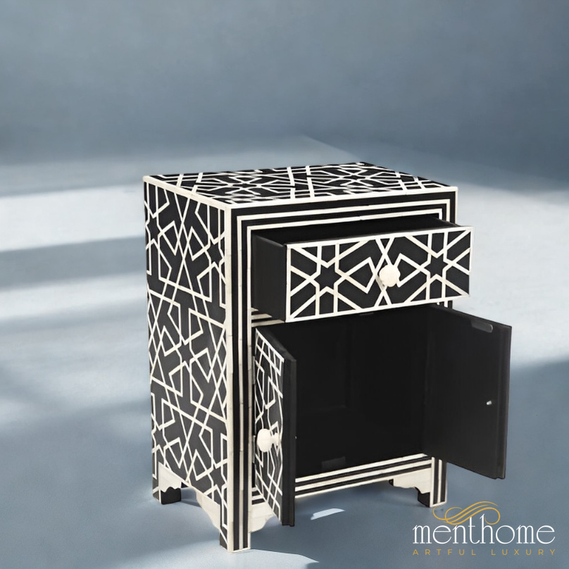 Bone Inlay Bedside Table with a Captivating Geometrical Pattern | Luxury Handmade Bedside Table