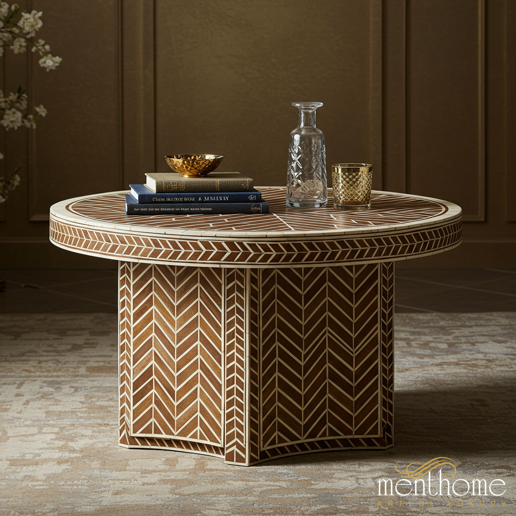 Round Wooden Inlay Coffee Table | Luxury Handmade Coffee Table