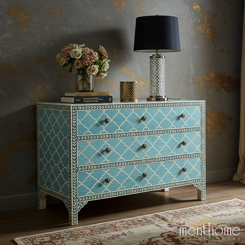 Vintage Blue Patterned Three-Drawer Chest | Luxury Handmade Dresser Menthome USA Vintage Blue Patterned Three-Drawer Chest | Luxury Handmade Dresser Menthome USA