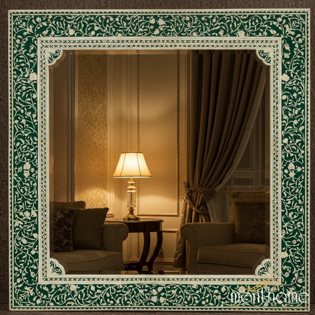 Elegant Green and White Floral Decorative Wall Mirror | Luxury Handmade Mirror