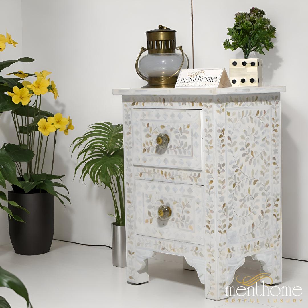 White Mother of Pearl Bedside Table adorned with a Leaf Pattern | Luxury Handmade Bedside Table