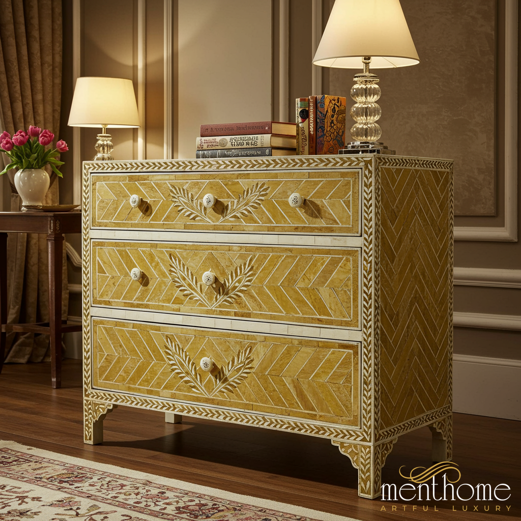 Handcrafted Bone Inlay Three Drawer Chest | Luxury Handmade Chest of Drawer