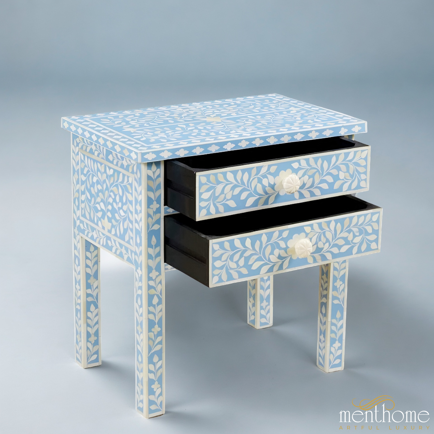 Handmade Blue Bone Inlay Bedside Table Wooden Table | Luxury Handmade Bedside Table
