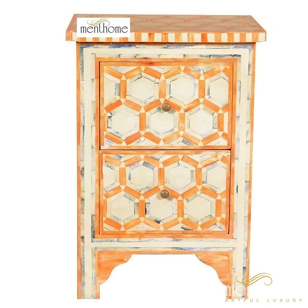 Bone inlay handmade orange bedside table, Bone inlay orange night stand, Bone inlay side table, Bone inlay furniture, Bone inlay lamp stand | Luxury Handmade Bedside Table