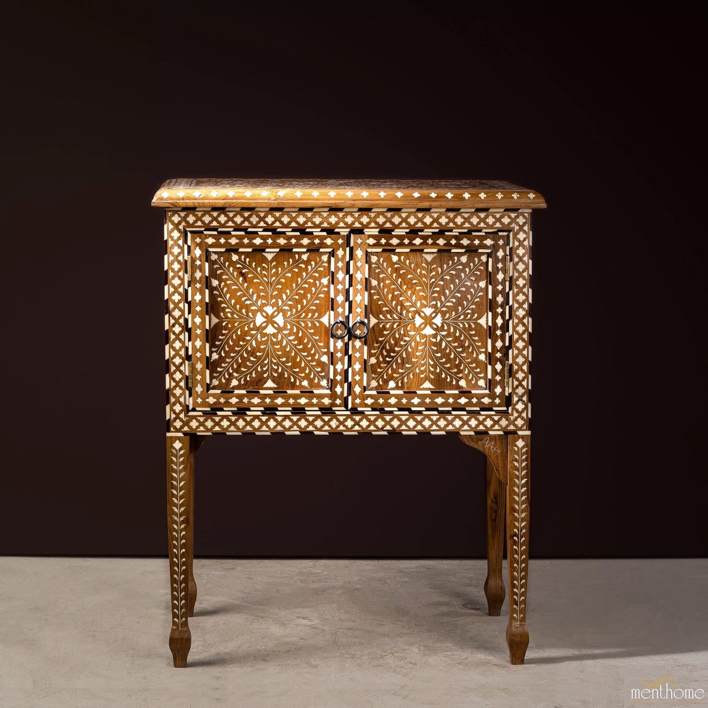 Teak Wood and Bone Inlay Bedside Table, Wooden Bone Inlay Storage Furniture | Luxury Handmade Bedside Table