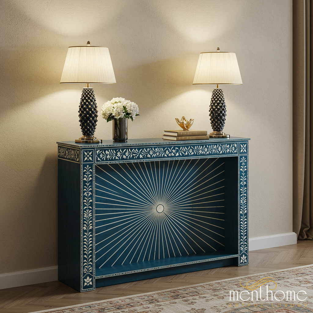 Decorative Blue Console Table with Sunburst Design | Luxury Handmade Console