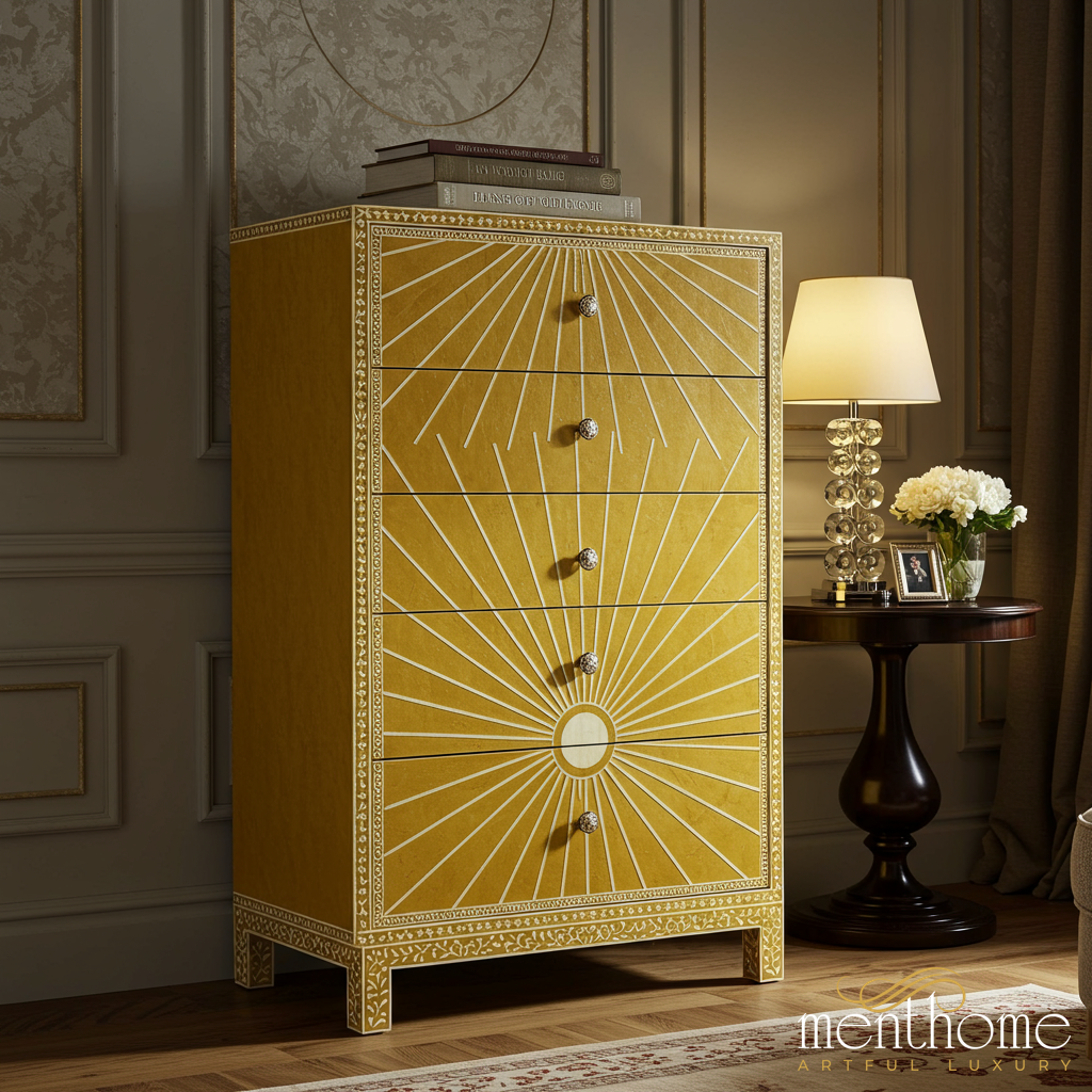 Elegant Gold Sunburst Chest of Drawers | Luxury Handmade Tallboy