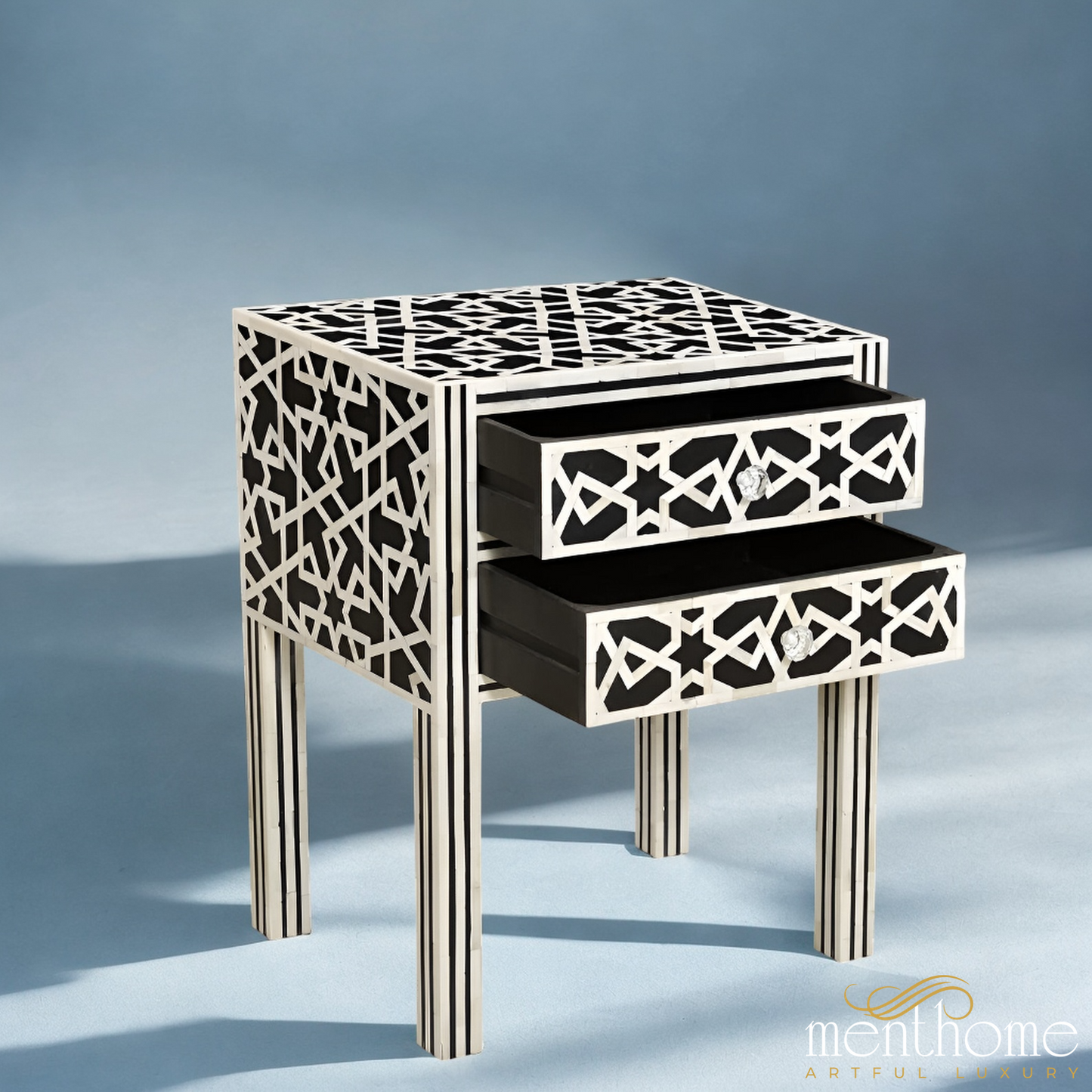 Black Spider Bedside Table Bone Inlay Handmade | Luxury Handmade Bedside Table