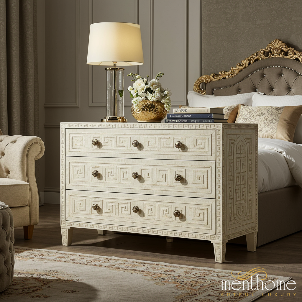 Elegant Cream Patterned 3-Drawer Dresser | Luxury Handmade Chest of Dr Menthome USA Elegant Cream Patterned 3-Drawer Dresser | Luxury Handmade Chest of Dr Menthome USA