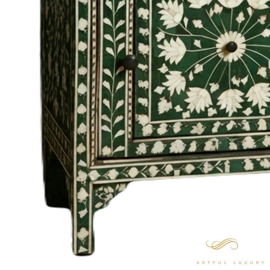 Handmade Bone Inlay Green Bedside Table with Two Drawers | Luxury Handmade Bedside Table