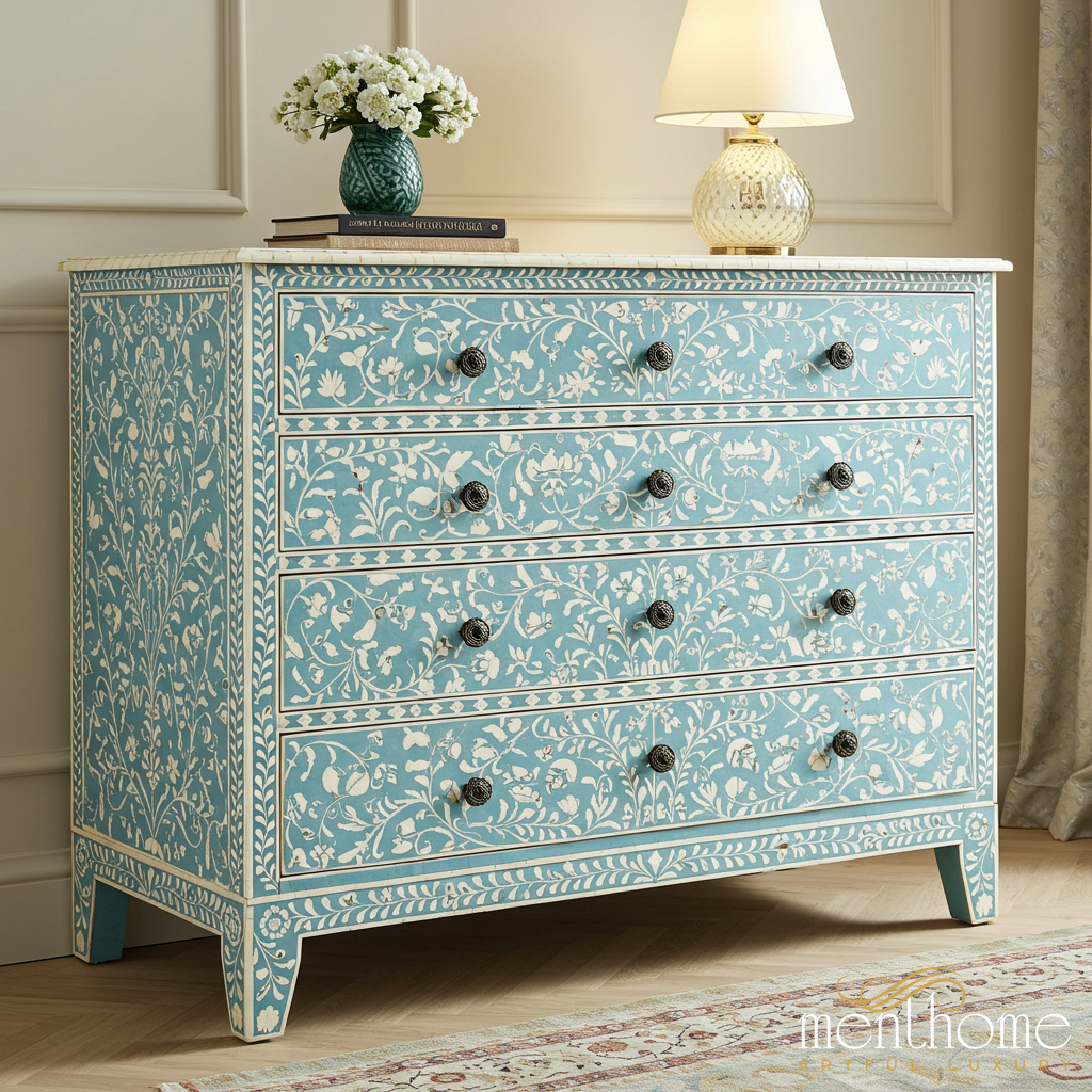Handcrafted Blue Bone Inlay Floral Dresser blue bone inla Menthome USA Handcrafted Blue Bone Inlay Floral Dresser blue bone inla Menthome USA