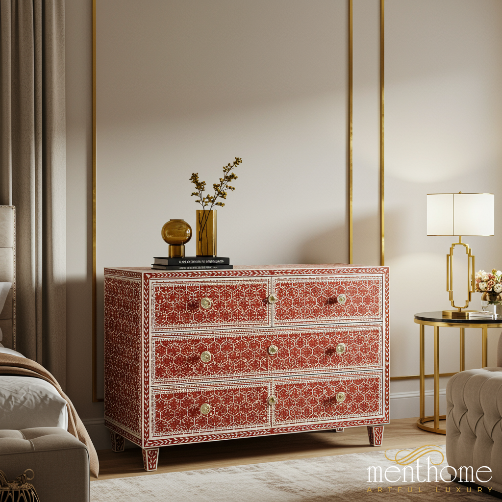 Red and White Patterned Wooden Chest of Drawers | Luxury Handmade Dres Menthome USA Red and White Patterned Wooden Chest of Drawers | Luxury Handmade Dres Menthome USA