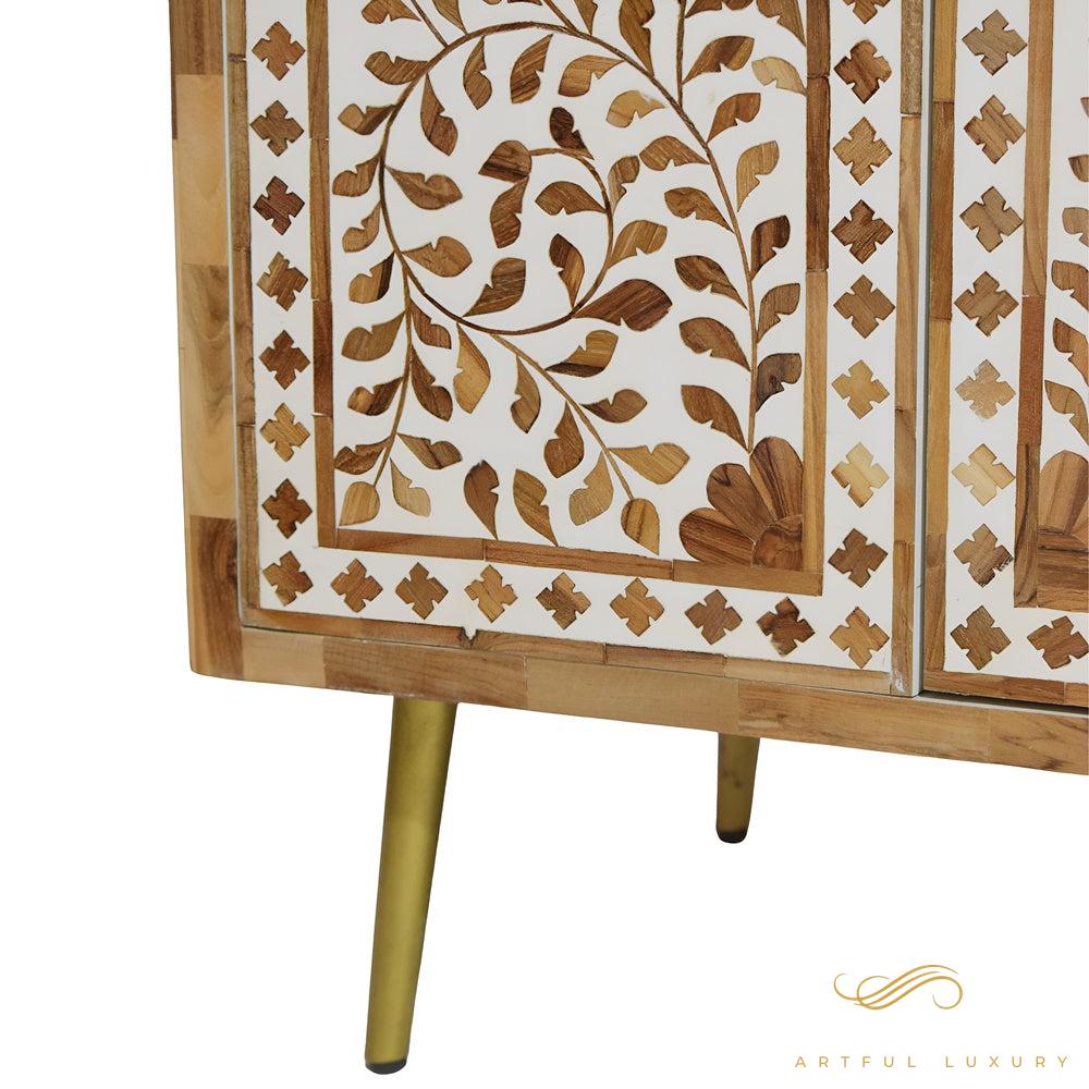 Floral Pattern Wooden Inlay 4-door and 3 drawers cabinet | Luxury Handmade Cabinet