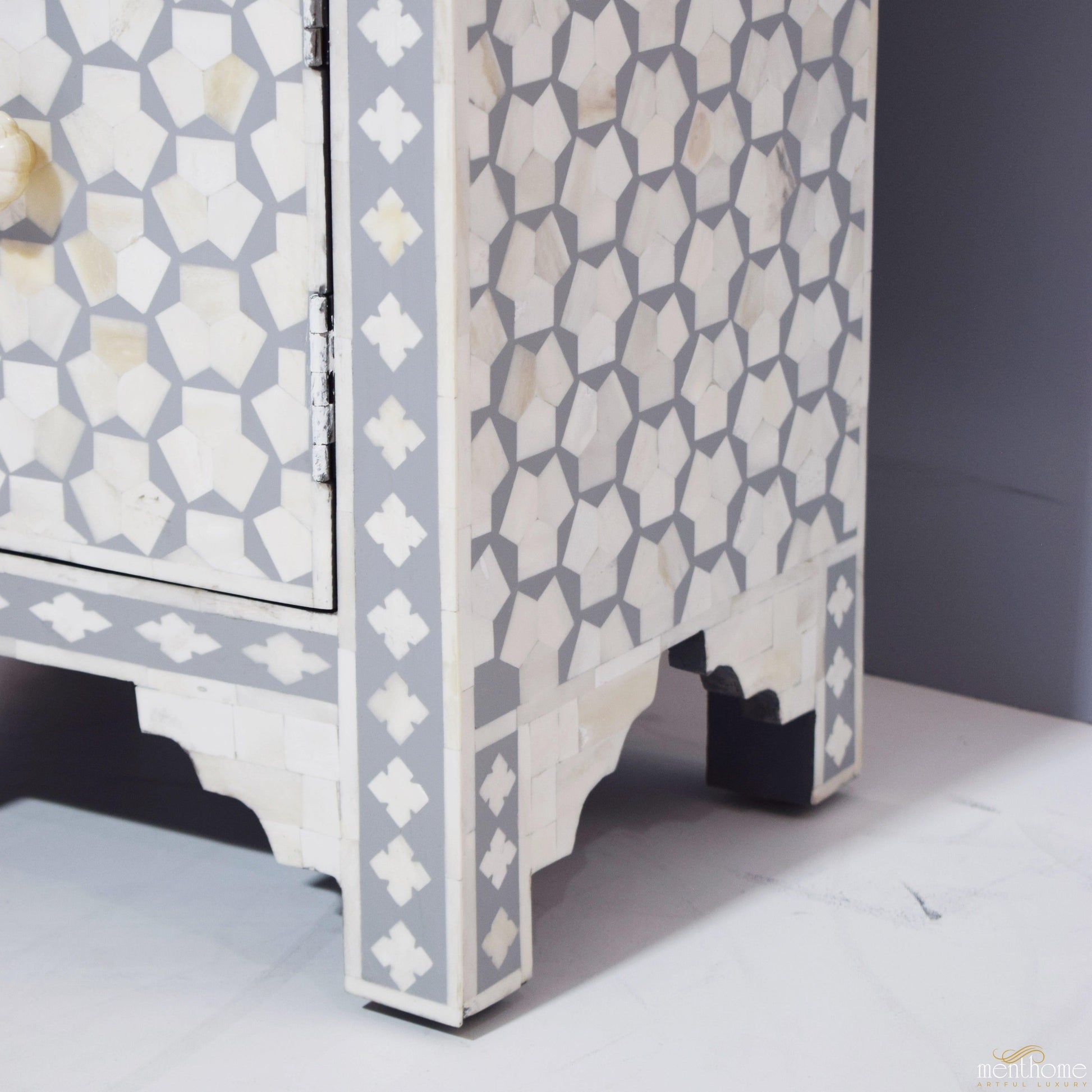 Targua pattern Bedside table Grey Bone Inlay 1-drawer | Luxury Handmade Bedside Table