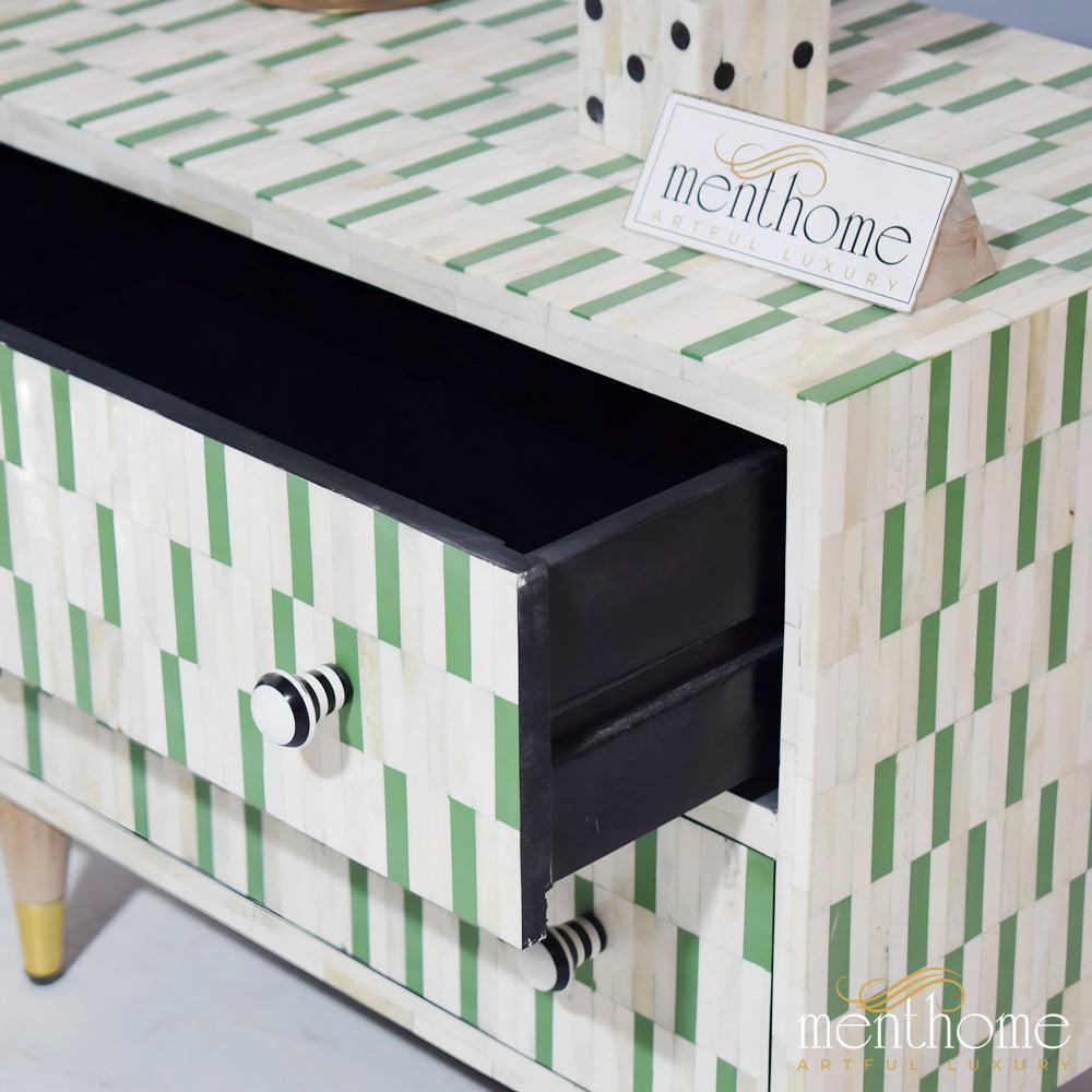 Uneven Pattern Bedside Table Green 2-drawers Bone Inlay | Luxury Handmade Bedside Table