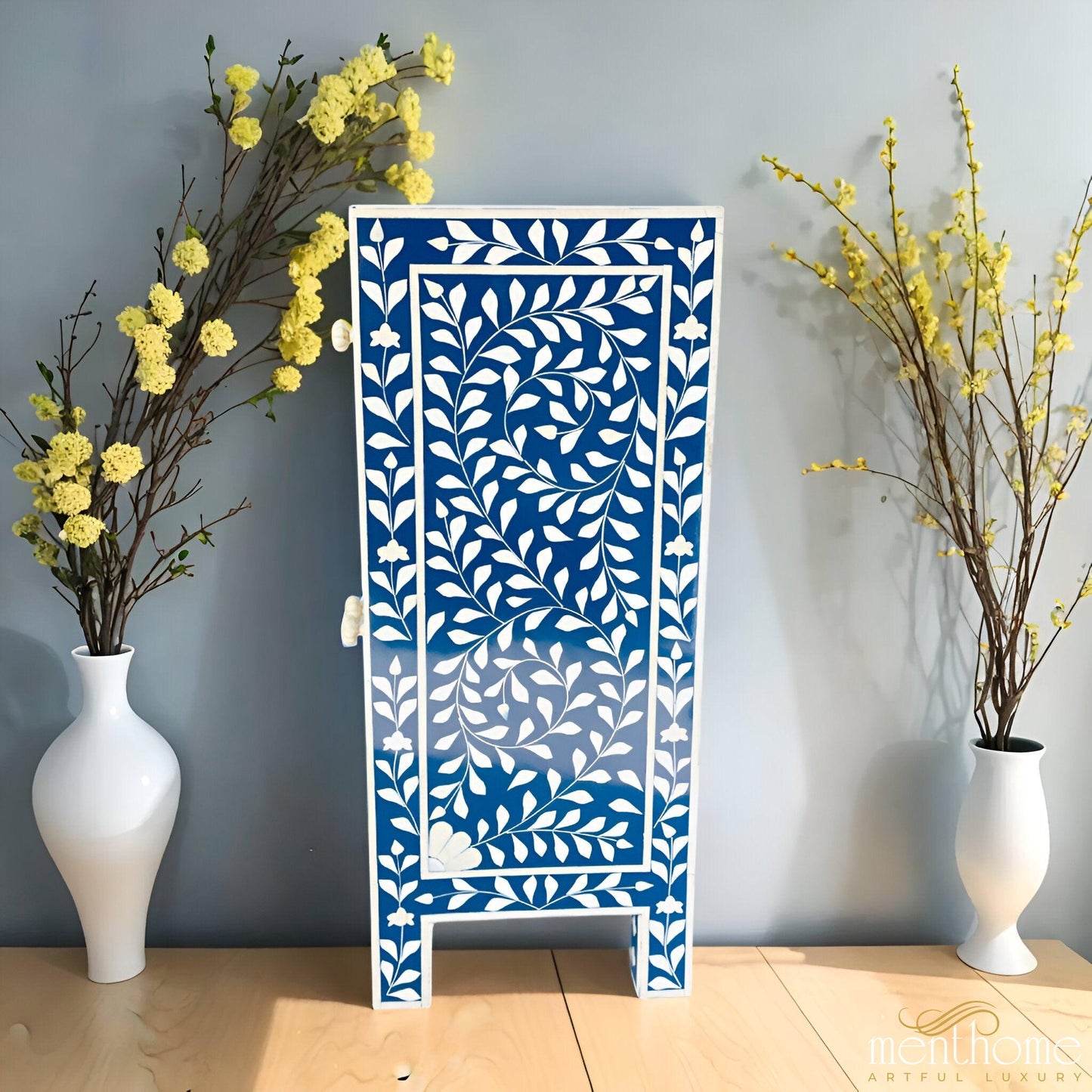 Blue Resin Floral Pattern Bedside Table with 1 Drawer and Door | Luxury Handmade Bedside Table