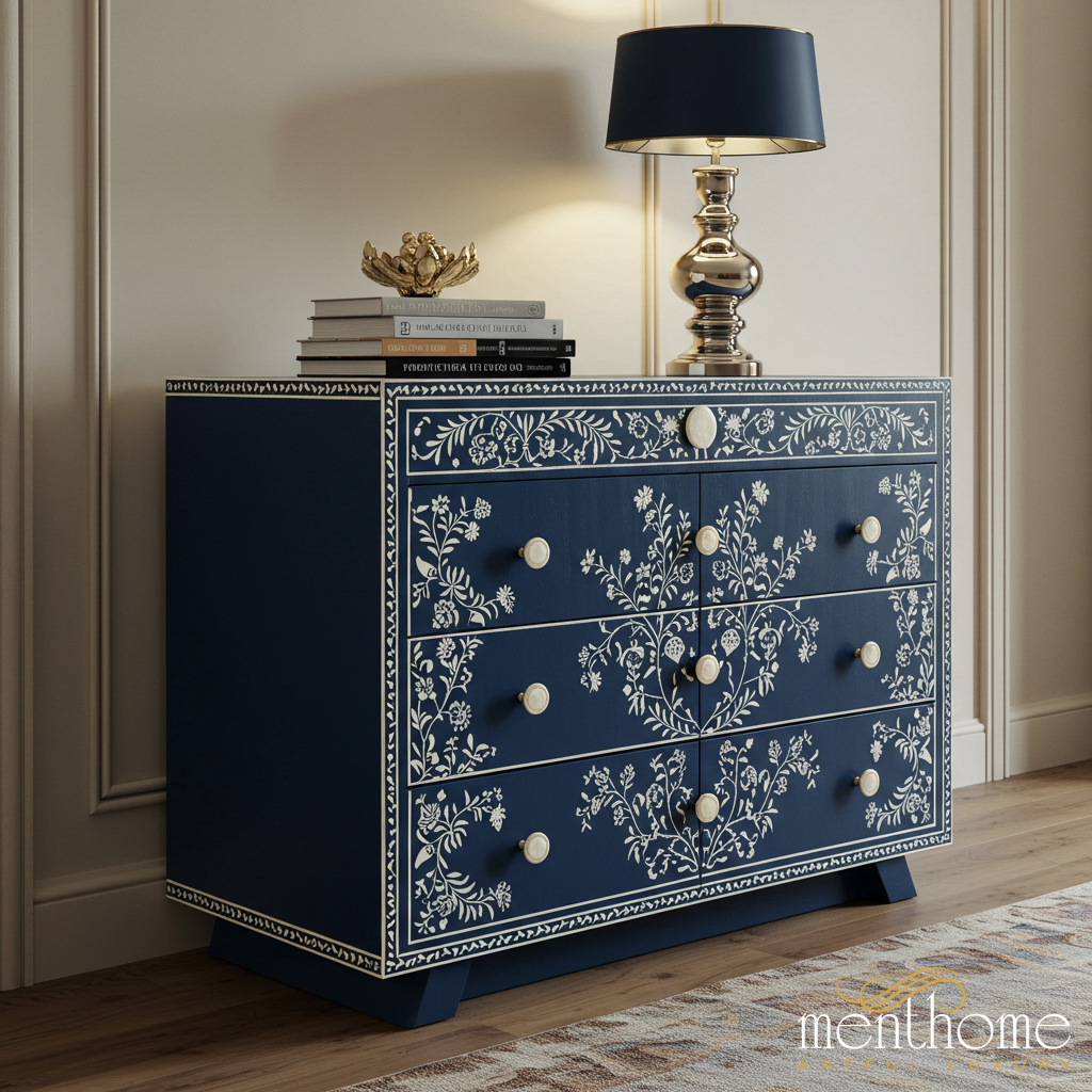 Navy Blue Floral Hand Painted Wooden Dresser – Bone Inlay F – Menthome USA