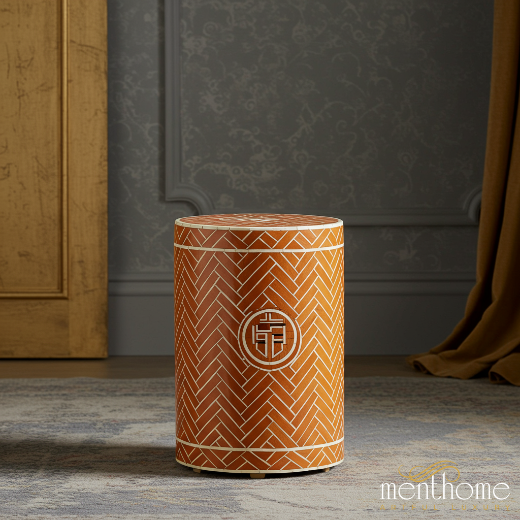 Decorative Cylindrical Wooden Stool with Geometric Pattern | Luxury Handmade Stool