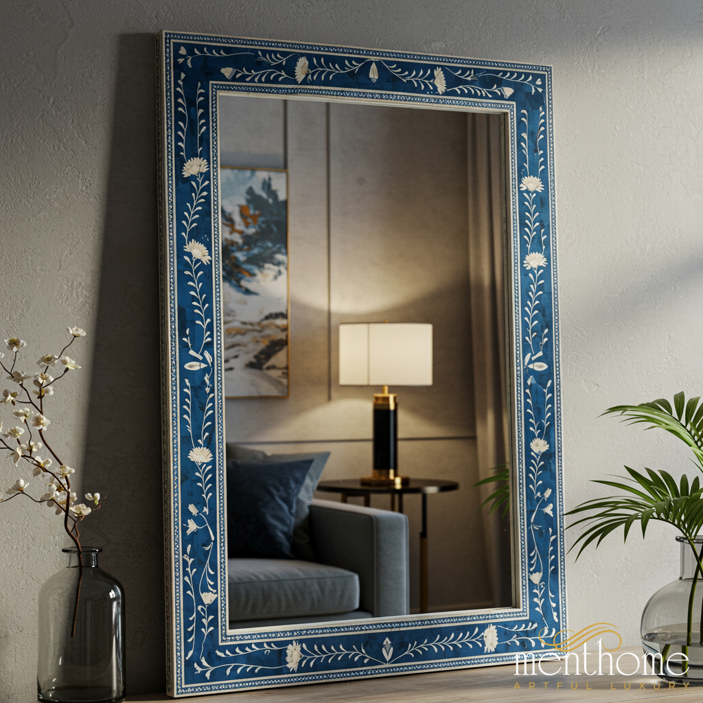 Blue Floral Inlay Decorative Wall Mirror | Luxury Handmade Mirror