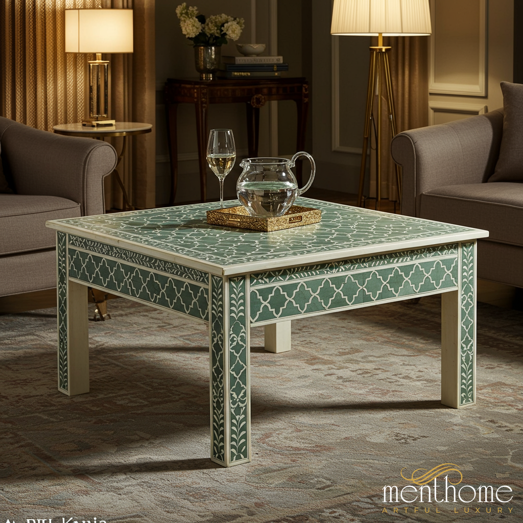 Elegant Green and White Bone Inlay Coffee Table | Luxury Handmade Coffee Table