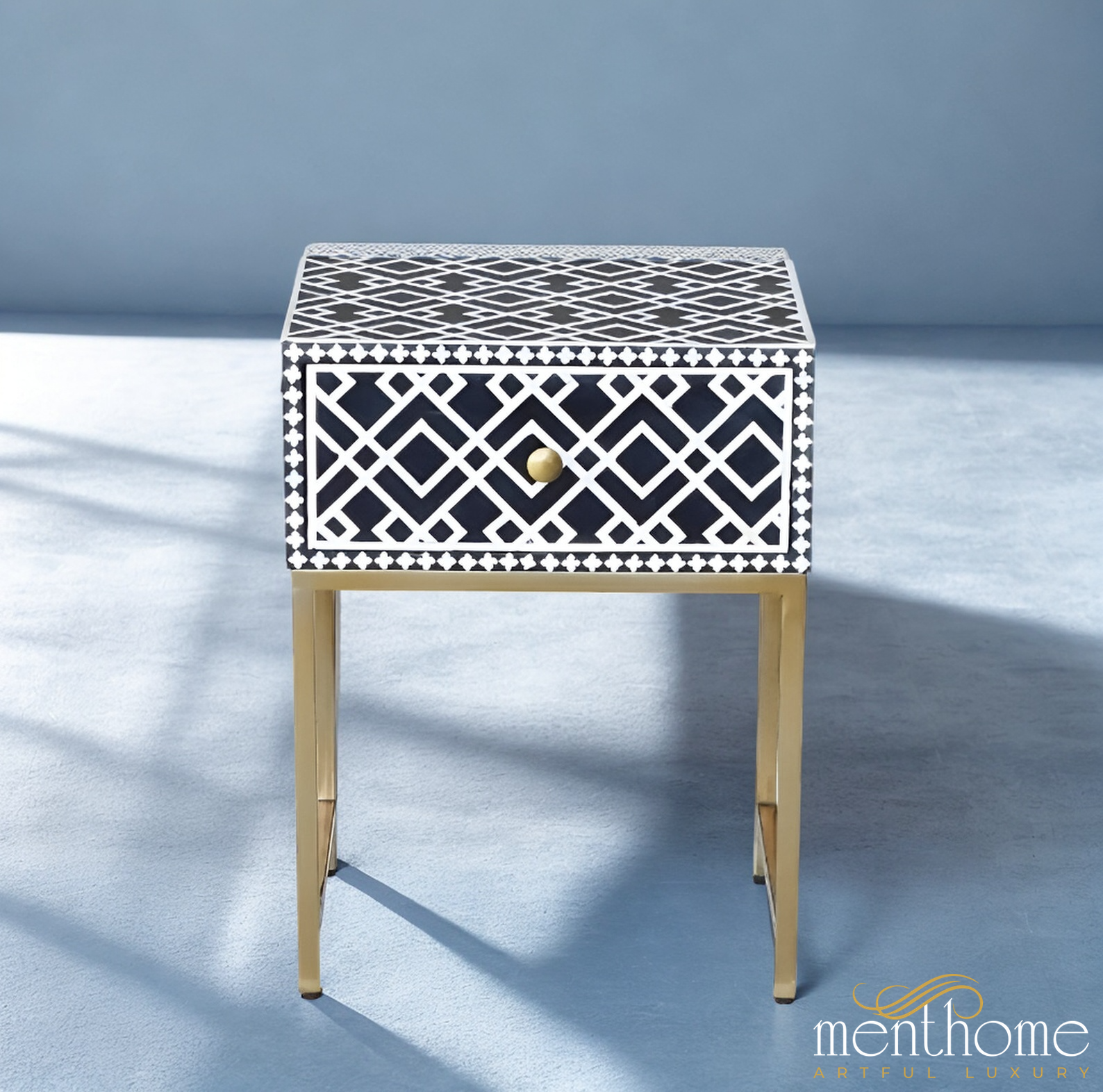 Bone Inlay Geometric Bedside table | Luxury Handmade Bedside Table