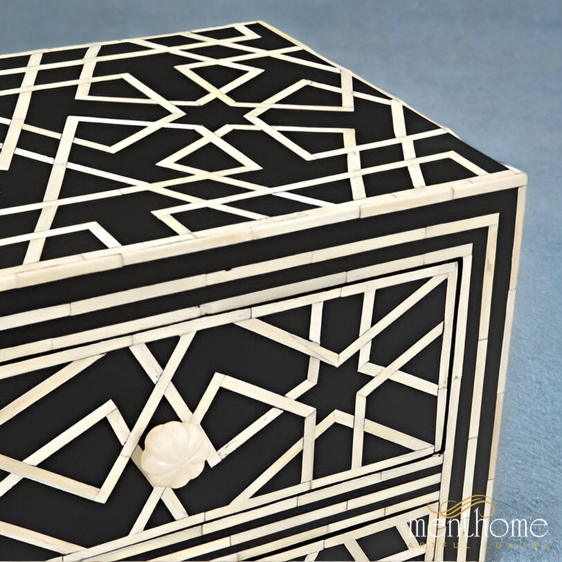Bone Inlay Bedside Table with a Captivating Geometrical Pattern | Luxury Handmade Bedside Table