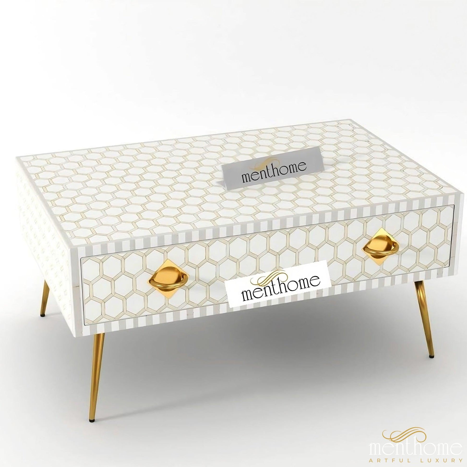 Bone Inlay Wooden Honeycomb Coffee Table | Luxury Handmade Coffee Table