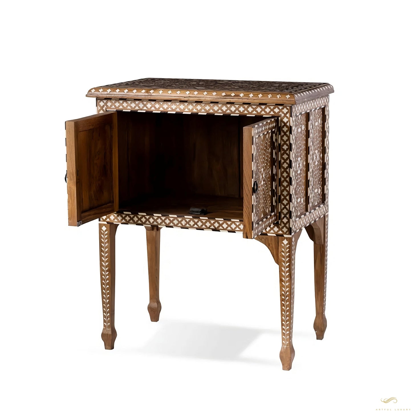 Teak Wood and Bone Inlay Bedside Table, Wooden Bone Inlay Storage Furniture | Luxury Handmade Bedside Table
