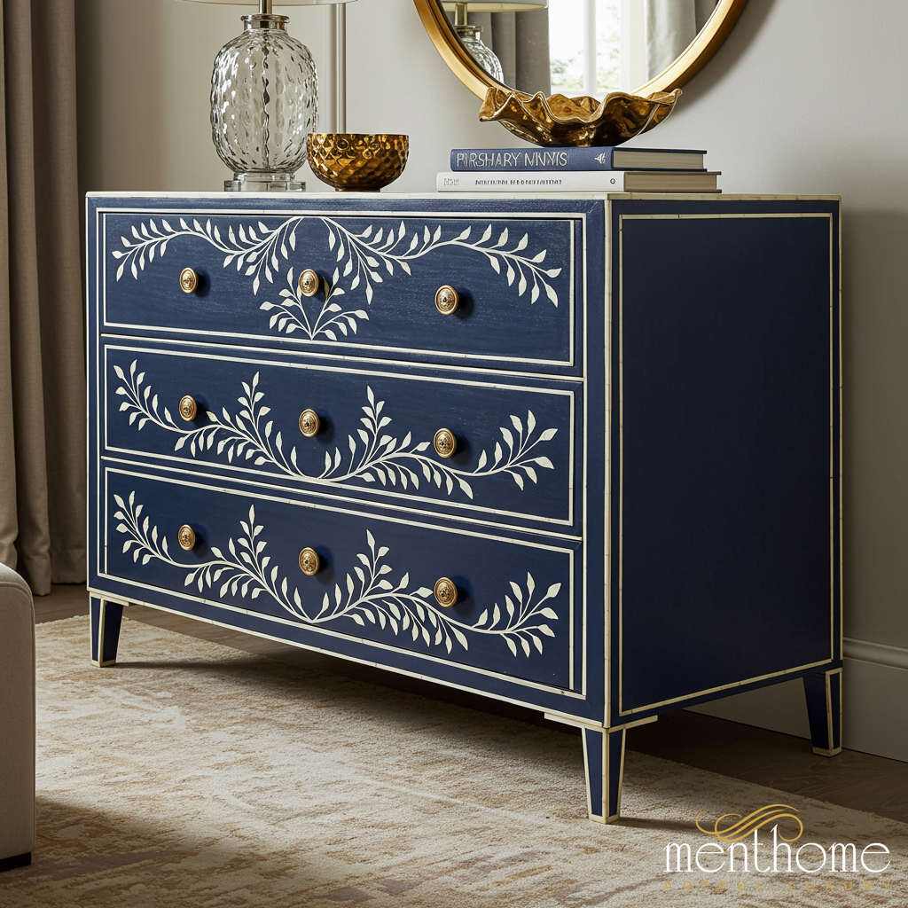 Navy Blue Floral Hand-Painted Three Drawer Dresser | Luxury Handmade Dresser - M(60"Wx18"Dx30"H) / Bone-like Navy Blue Floral Hand-Painted Three Drawer Dresser | Luxury Handmade Dresser - M(60"Wx18"Dx30"H) / Bone-like