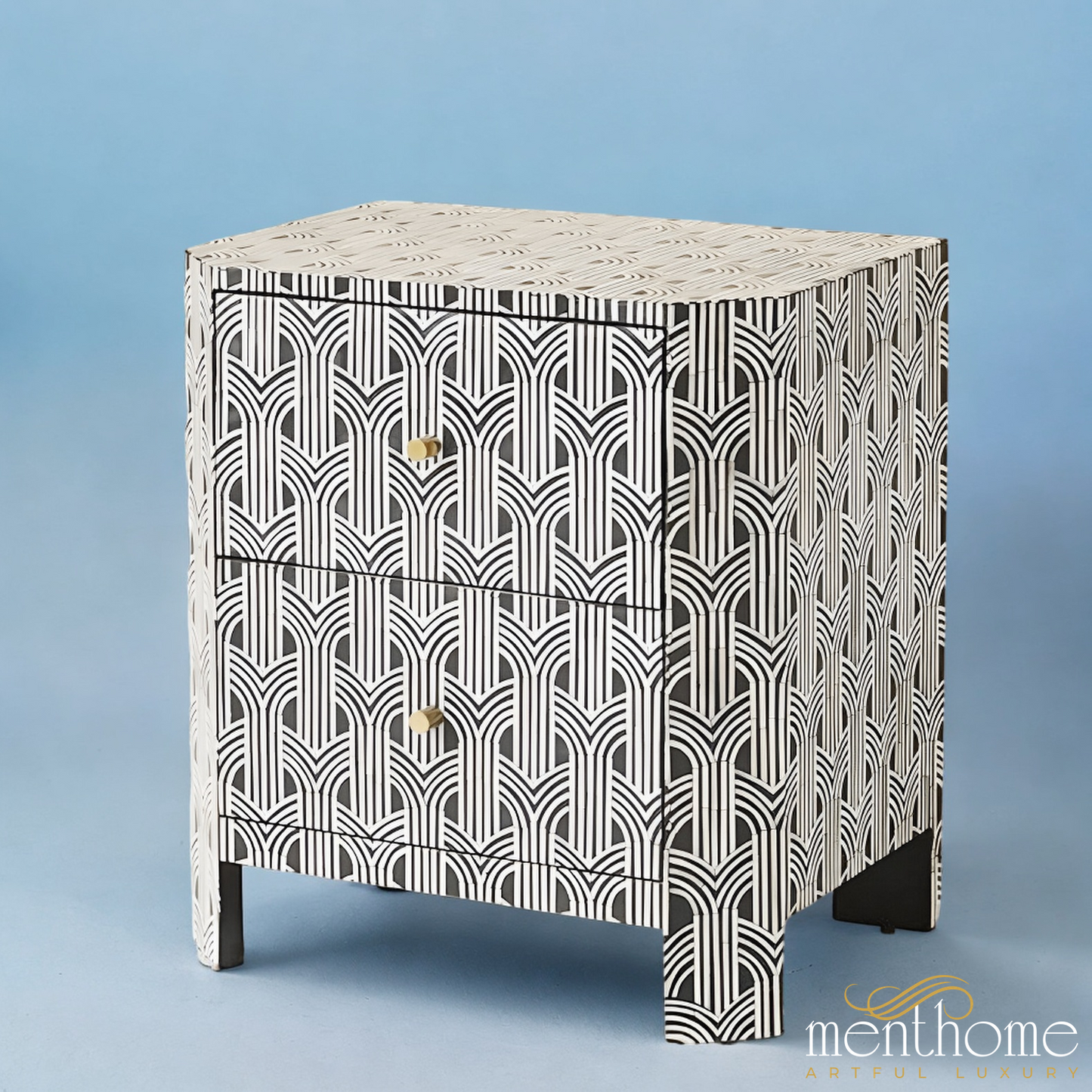 Geometrical Bone Inlay 2 Drawer Nightstand | Luxury Handmade Bedside Table
