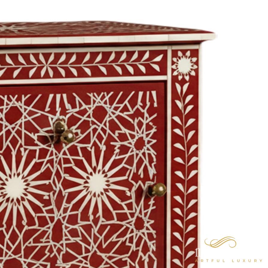 Handmade Bone Inlay Red Bedside Table In Geometric Pattern | Luxury Handmade Bedside Table