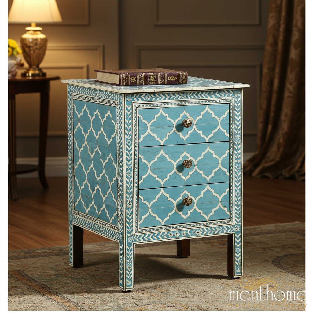 Blue Moroccan Style Three Drawer Wooden Nightstand | Luxury Handmade Bedside Table