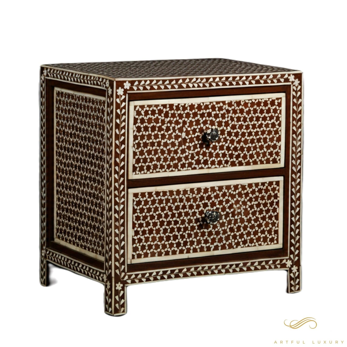 Bone Inlay Honeycomb Pattern Bedside Table with Two Drawers | Luxury Handmade Bedside Table