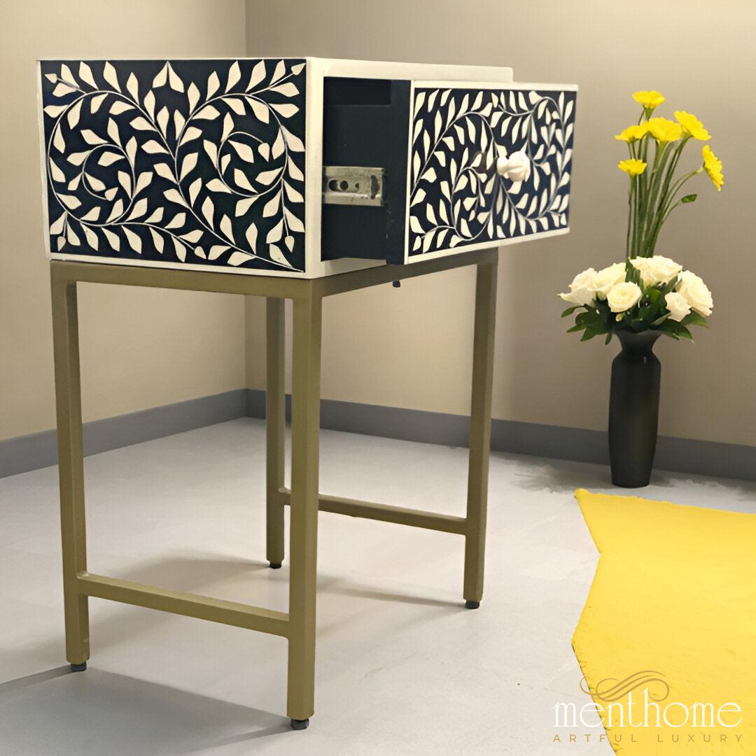 Floral Design Resin 1 Drawer Bedside Table with Brass Stand | Luxury Handmade Bedside Table