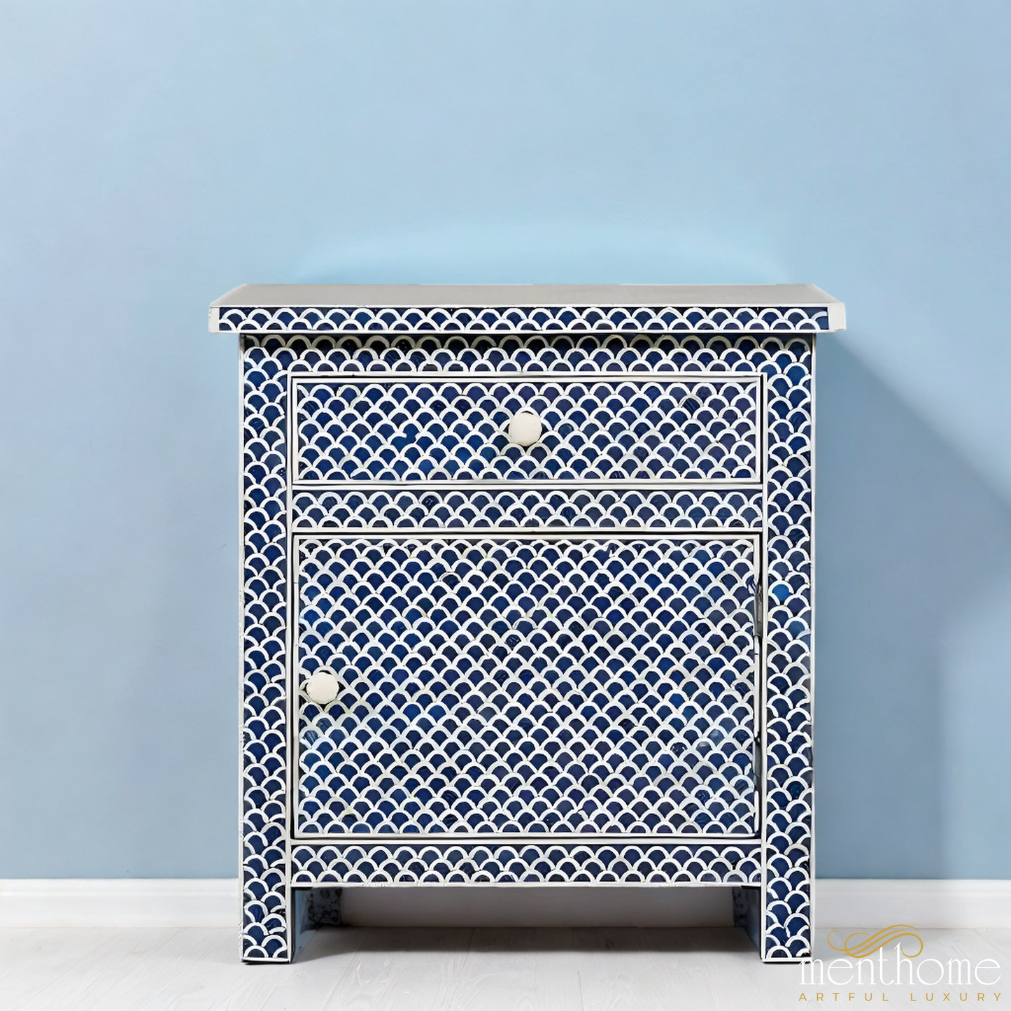 Bone Inlay One Door Bedside table | Luxury Handmade Bedside Table