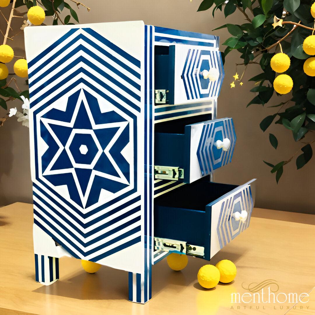 Star Design Blue and White 3 Drawer Resin Bedside Table | Luxury Handmade Bedside Table