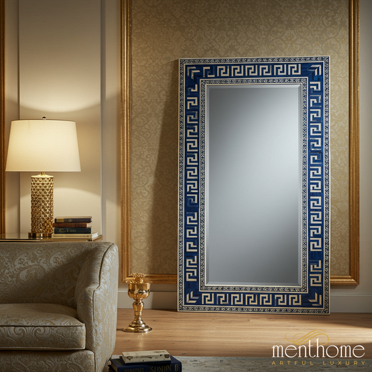 Decorative Large Floor Mirror with Blue and Gold Geometric Frame | Luxury Handmade Mirror
