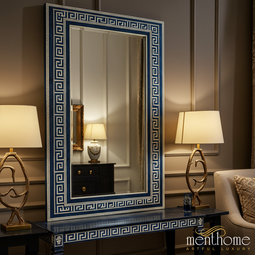 Elegant Blue and White Geometric Decorative Wall Mirror | Luxury Handmade Mirror